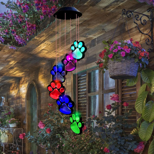 Solar-Powered Paw Print Wind Chimes – Color-Changing Outdoor Decor