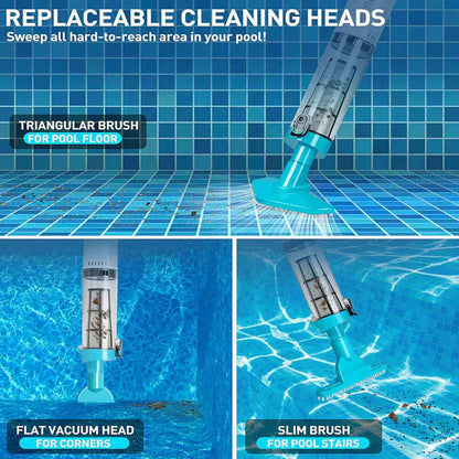 3-in-1 Cordless Handheld Pool Vacuum Cleaner - Quick-Swap Heads, Up to 60-70 min Runtime, High-Flow Suction for Leaves & Fine Debris