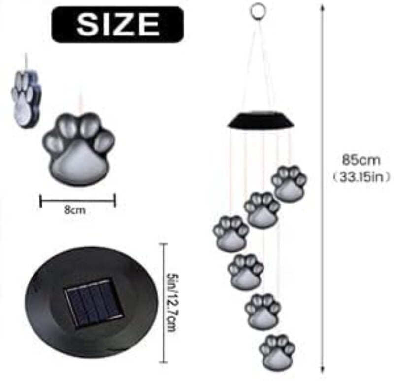 Solar-Powered Paw Print Wind Chimes – Color-Changing Outdoor Decor